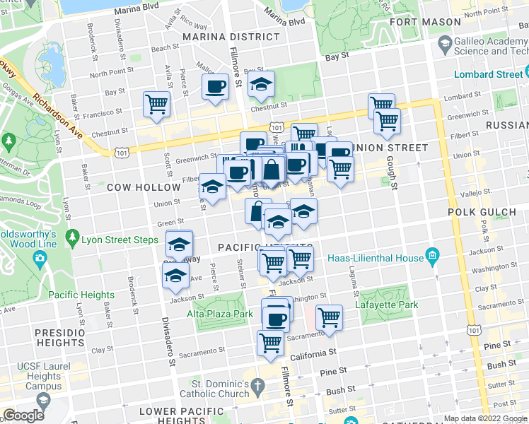 map of restaurants, bars, coffee shops, grocery stores, and more near 2260 Vallejo Street in San Francisco