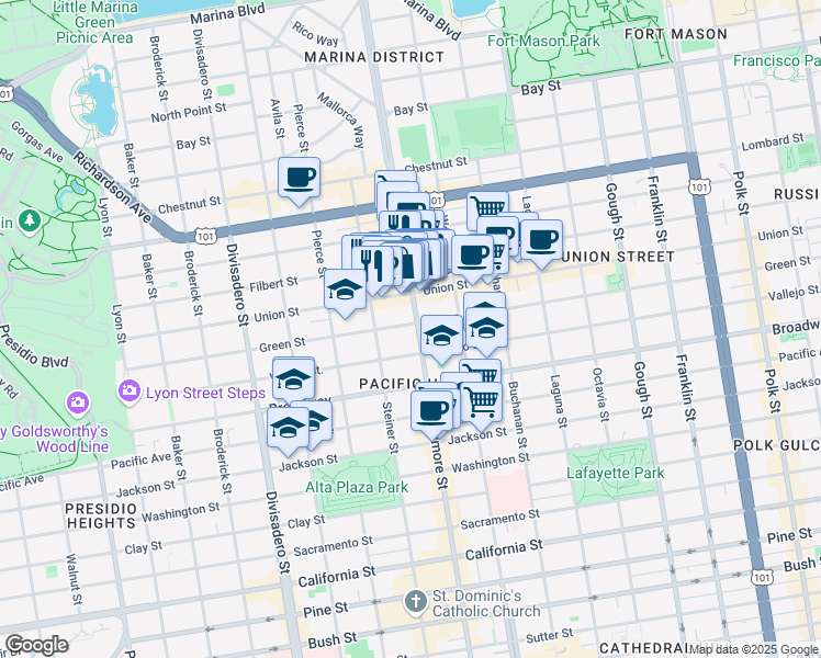 map of restaurants, bars, coffee shops, grocery stores, and more near in San Francisco