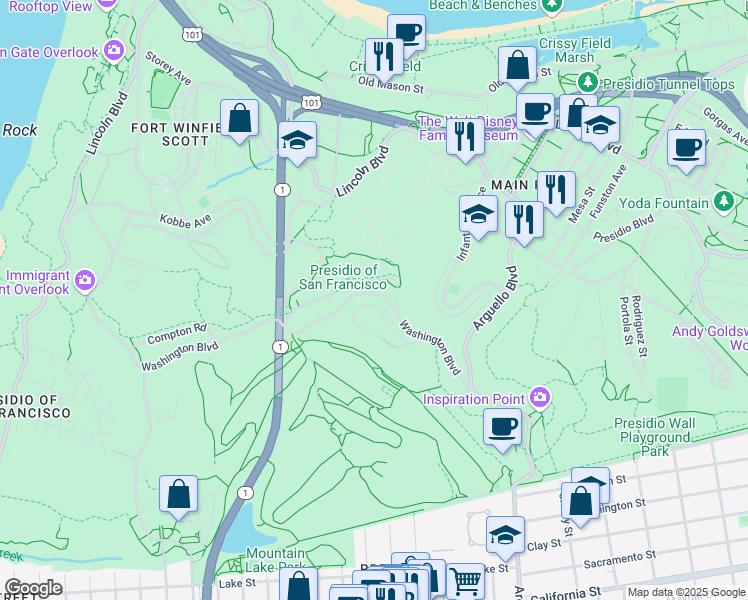 map of restaurants, bars, coffee shops, grocery stores, and more near 414 Piper Loop in San Francisco