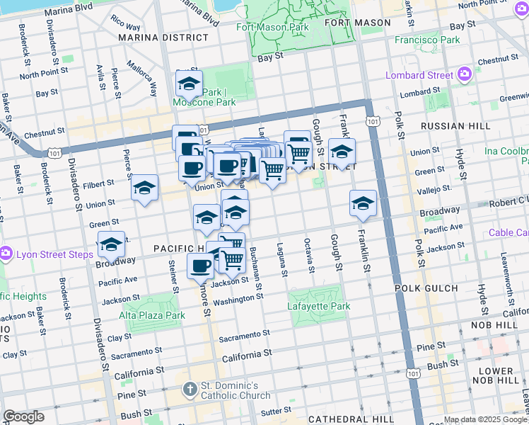 map of restaurants, bars, coffee shops, grocery stores, and more near 2030 Vallejo Street in San Francisco