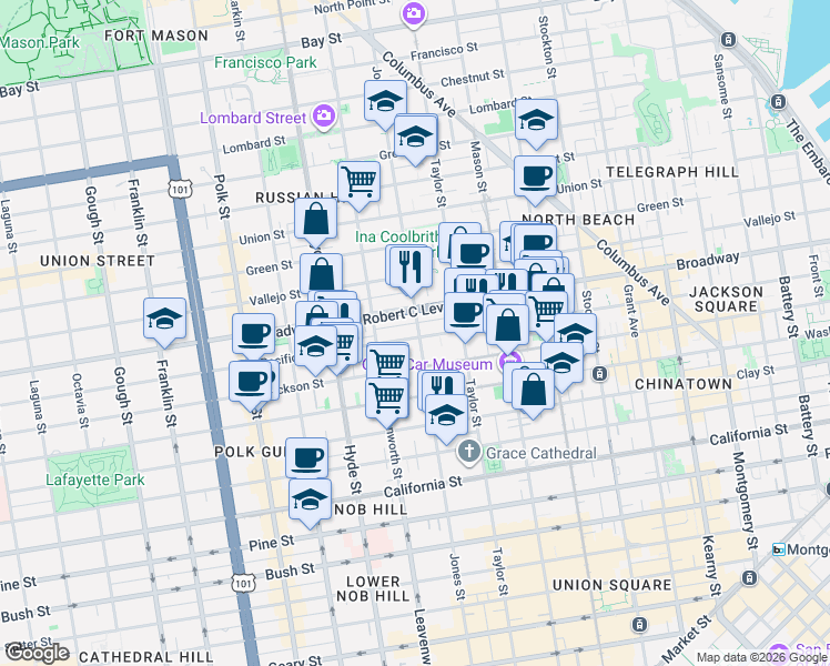 map of restaurants, bars, coffee shops, grocery stores, and more near 1535 Jones Street in San Francisco