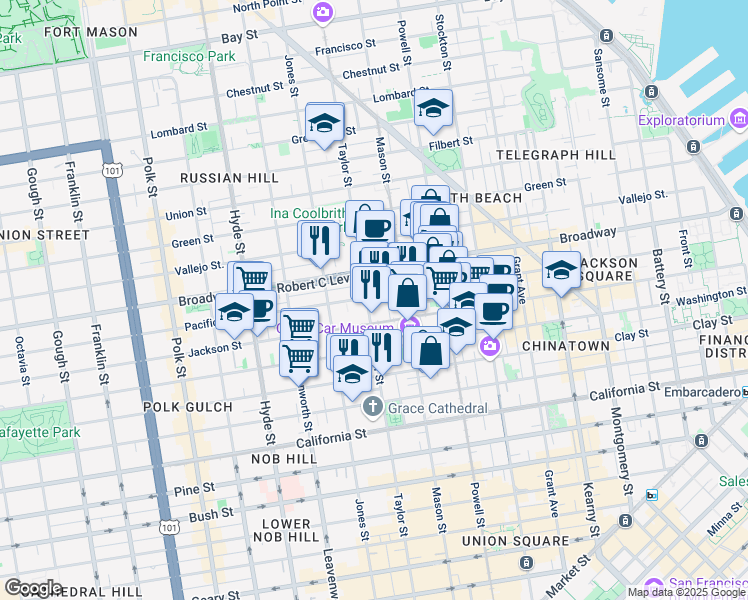map of restaurants, bars, coffee shops, grocery stores, and more near 1464 Taylor Street in San Francisco