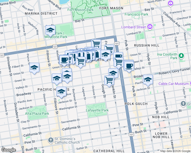 map of restaurants, bars, coffee shops, grocery stores, and more near 2511 Octavia Street in San Francisco