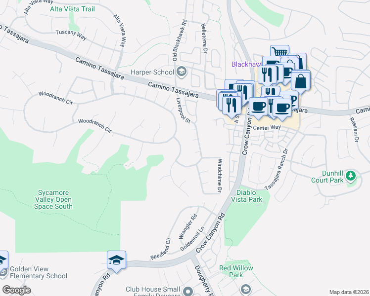 map of restaurants, bars, coffee shops, grocery stores, and more near 135 Crestridge Drive in Danville