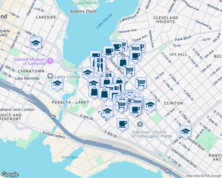 map of restaurants, bars, coffee shops, grocery stores, and more near 425 International Boulevard in Oakland