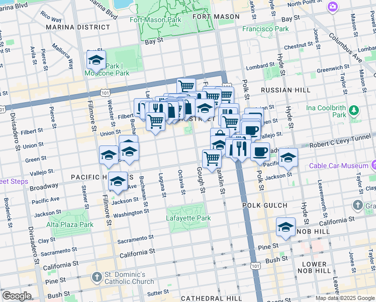 map of restaurants, bars, coffee shops, grocery stores, and more near in San Francisco