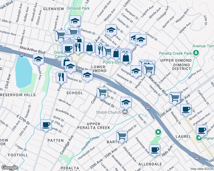 map of restaurants, bars, coffee shops, grocery stores, and more near 3316 Coolidge Avenue in Oakland