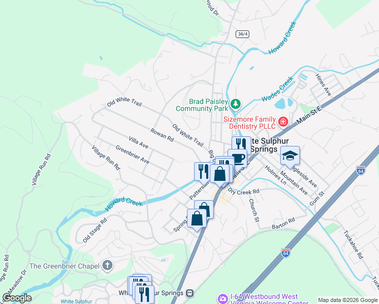 map of restaurants, bars, coffee shops, grocery stores, and more near 365-607 Villa Ave in White Sulphur Springs