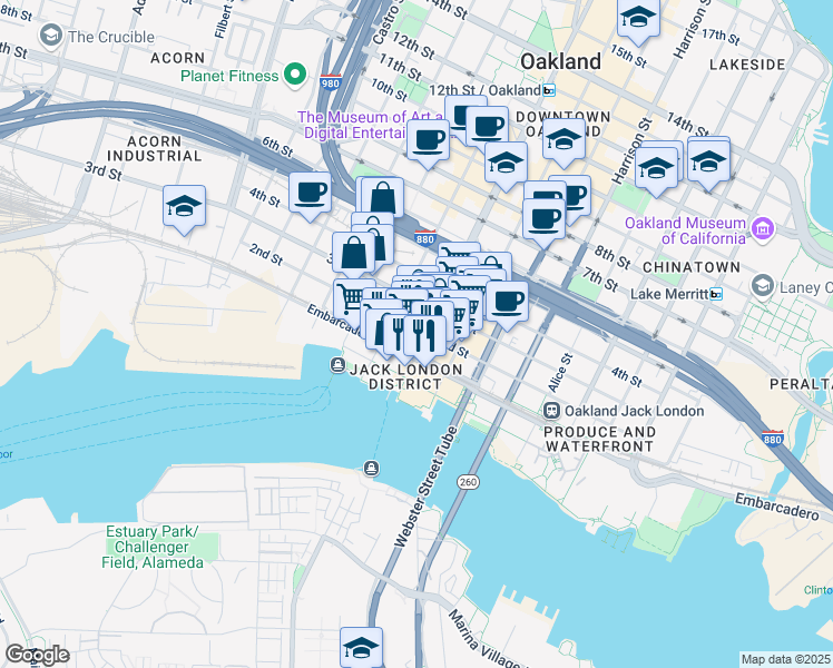 map of restaurants, bars, coffee shops, grocery stores, and more near 101 Broadway in Oakland