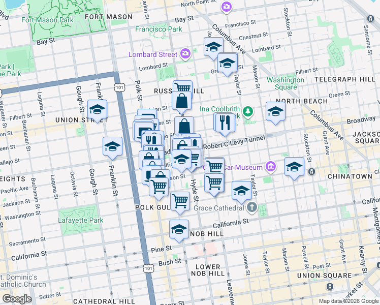 map of restaurants, bars, coffee shops, grocery stores, and more near 1387 Pacific Avenue in San Francisco