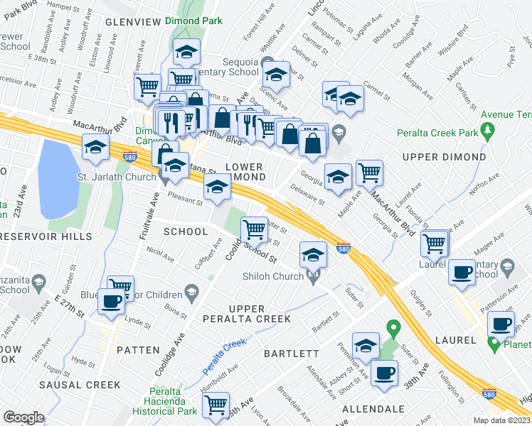 map of restaurants, bars, coffee shops, grocery stores, and more near 3316 Coolidge Avenue in Oakland