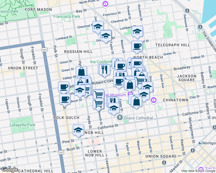 map of restaurants, bars, coffee shops, grocery stores, and more near 1535 Jones Street in San Francisco