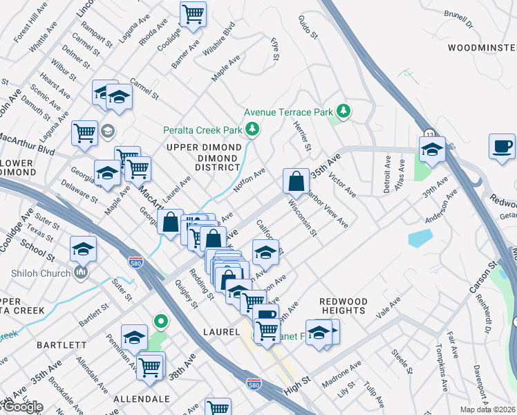 map of restaurants, bars, coffee shops, grocery stores, and more near in Oakland