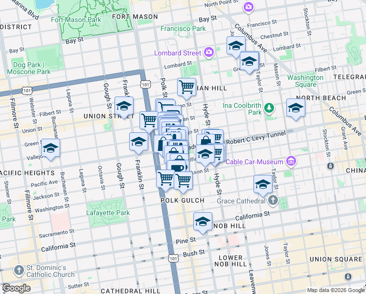 map of restaurants, bars, coffee shops, grocery stores, and more near 1560 Pacific Avenue in San Francisco