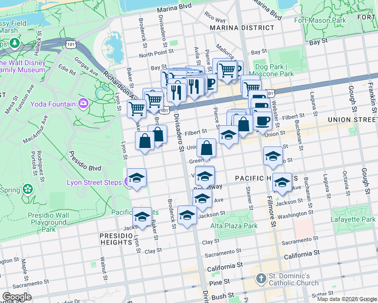 map of restaurants, bars, coffee shops, grocery stores, and more near 2600 Green Street in San Francisco