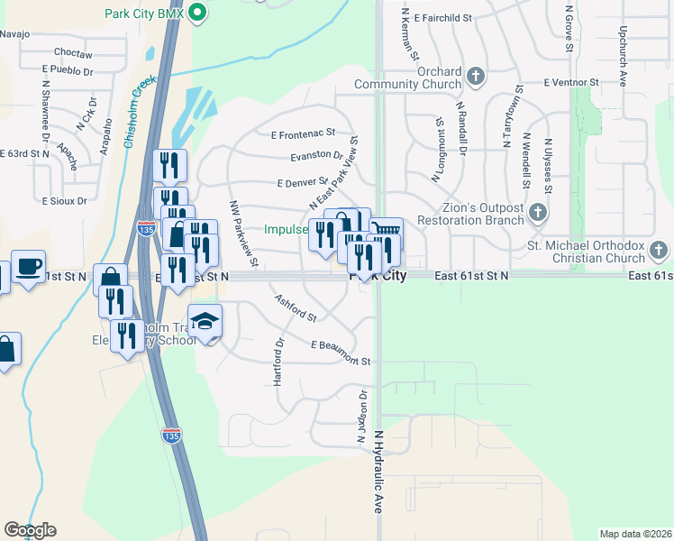 map of restaurants, bars, coffee shops, grocery stores, and more near 1501 East 61st Street North in Park City