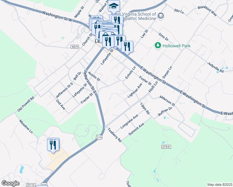 map of restaurants, bars, coffee shops, grocery stores, and more near 159 Brown Road in Lewisburg
