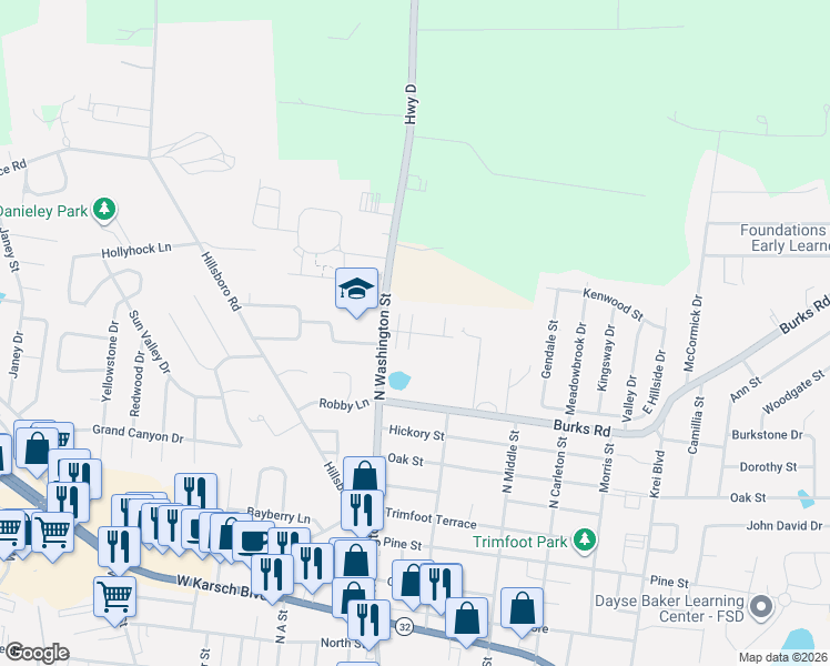 map of restaurants, bars, coffee shops, grocery stores, and more near Woodchase Avenue in Farmington