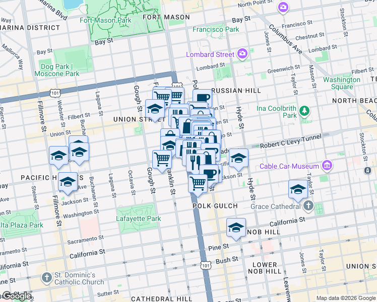 map of restaurants, bars, coffee shops, grocery stores, and more near 2151 U.S. 101 in San Francisco