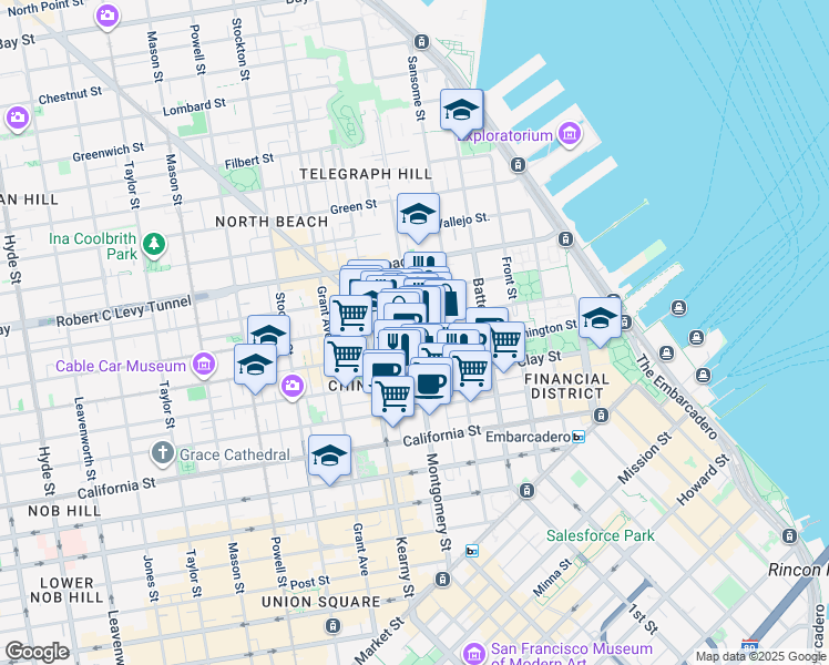 map of restaurants, bars, coffee shops, grocery stores, and more near 722 Montgomery Street in San Francisco