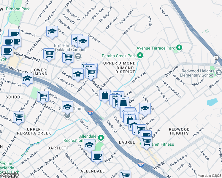 map of restaurants, bars, coffee shops, grocery stores, and more near 3300 MacArthur Boulevard in Oakland