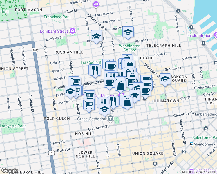map of restaurants, bars, coffee shops, grocery stores, and more near Pacific Ave & Taylor St in San Francisco