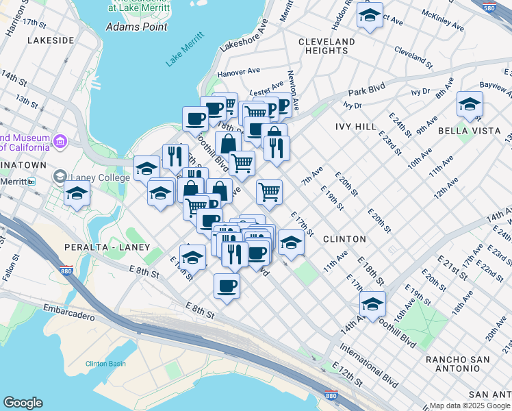 map of restaurants, bars, coffee shops, grocery stores, and more near 616 East 15th Street in Oakland