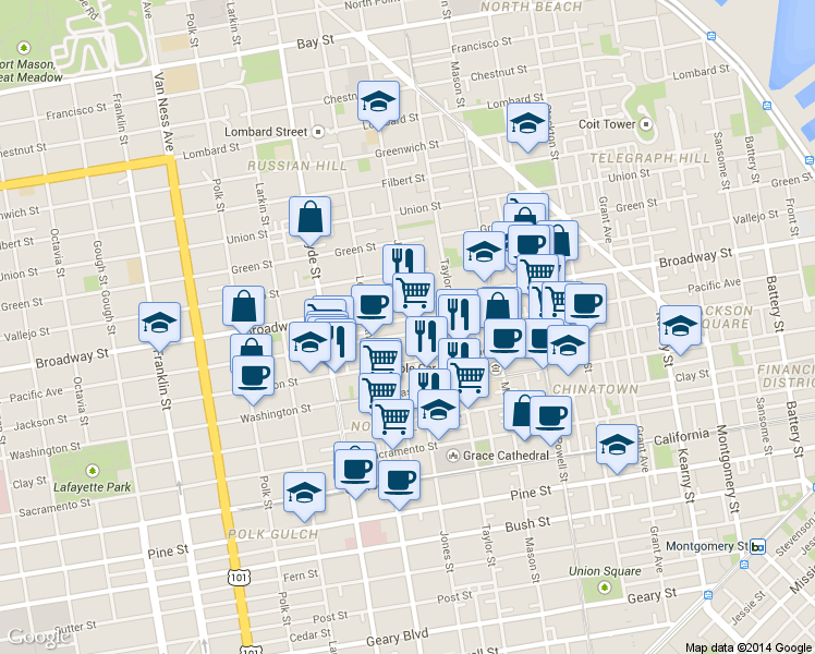 map of restaurants, bars, coffee shops, grocery stores, and more near 1535 Jones Street in San Francisco