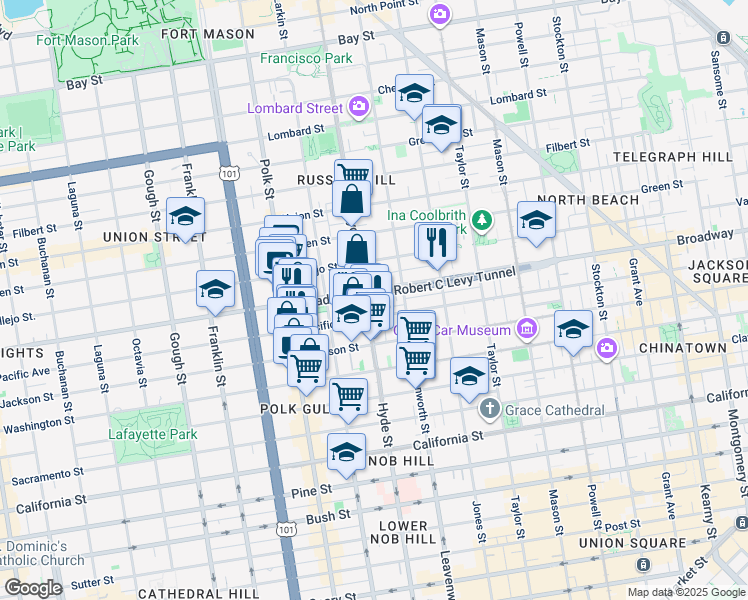 map of restaurants, bars, coffee shops, grocery stores, and more near 1387 Pacific Avenue in San Francisco