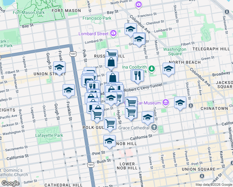 map of restaurants, bars, coffee shops, grocery stores, and more near 1387 Pacific Avenue in San Francisco