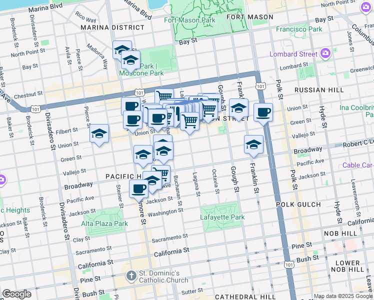 map of restaurants, bars, coffee shops, grocery stores, and more near 2620 Laguna Street in San Francisco