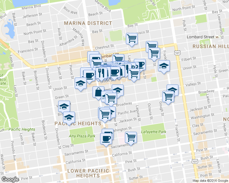 map of restaurants, bars, coffee shops, grocery stores, and more near 2137 Vallejo Street in San Francisco