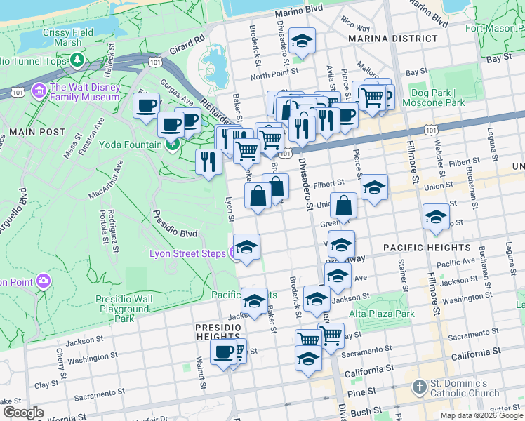map of restaurants, bars, coffee shops, grocery stores, and more near 2640 Baker Street in San Francisco