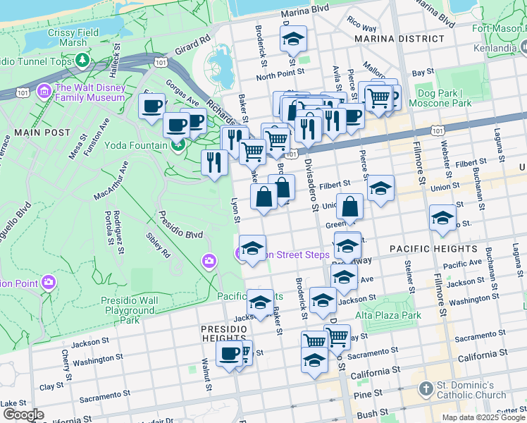 map of restaurants, bars, coffee shops, grocery stores, and more near 2640 Baker Street in San Francisco