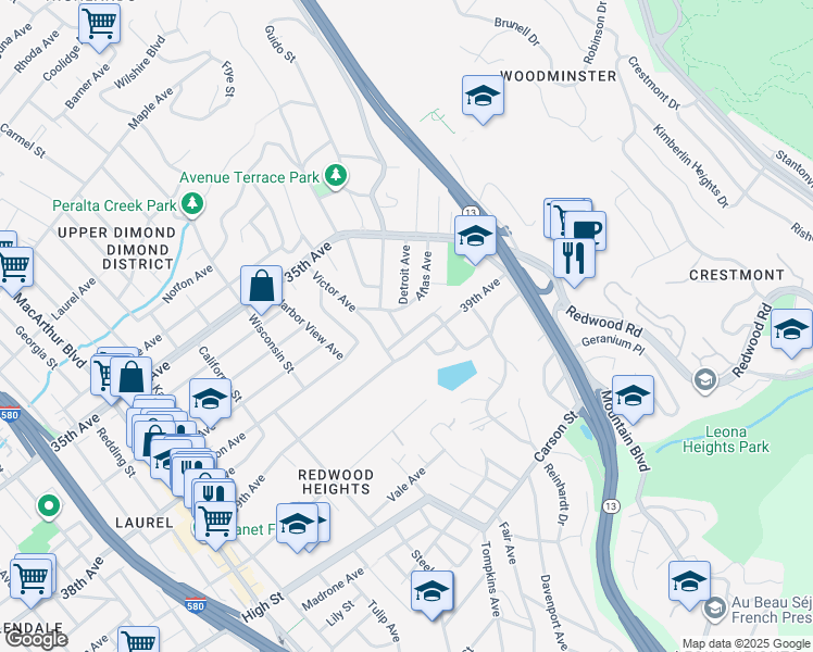 map of restaurants, bars, coffee shops, grocery stores, and more near 4247 Dunsmuir Avenue in Oakland