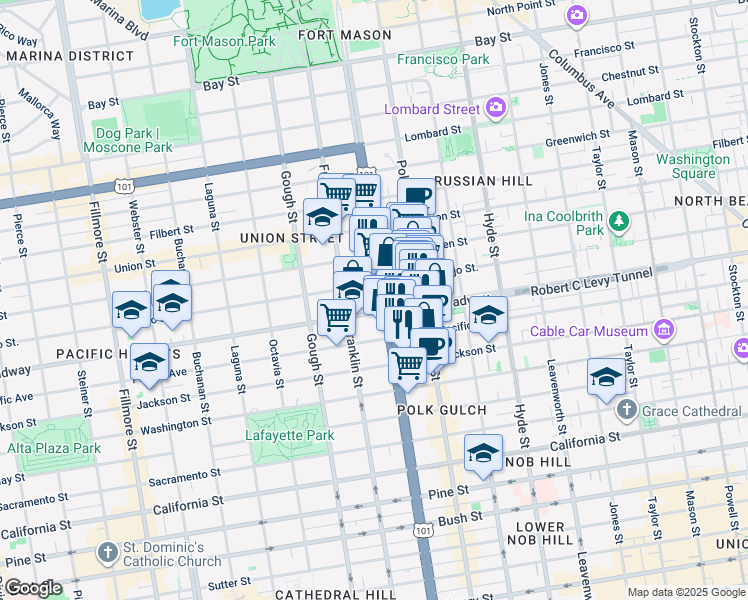 map of restaurants, bars, coffee shops, grocery stores, and more near 2151 U.S. 101 in San Francisco