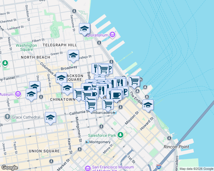 map of restaurants, bars, coffee shops, grocery stores, and more near Davis Street in San Francisco
