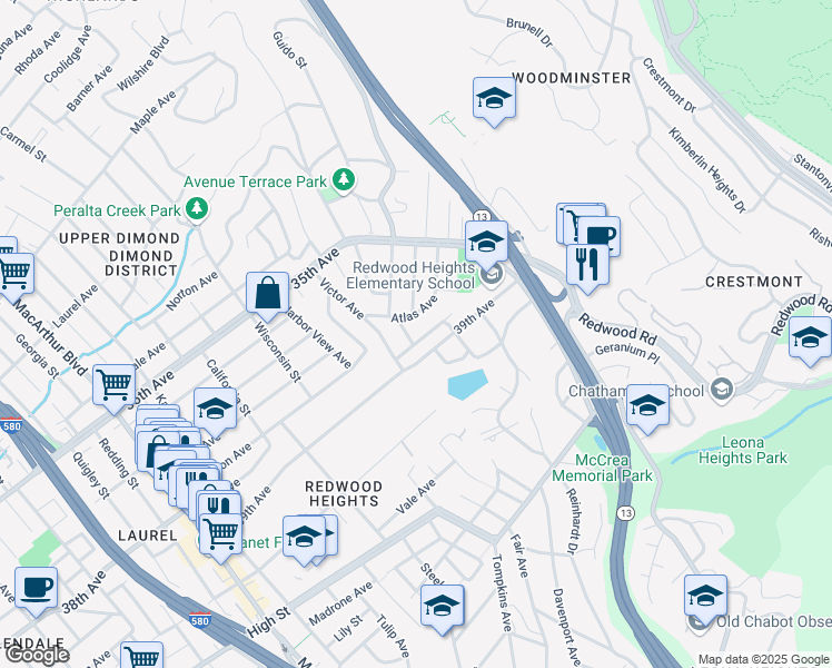 map of restaurants, bars, coffee shops, grocery stores, and more near 4247 Dunsmuir Avenue in Oakland
