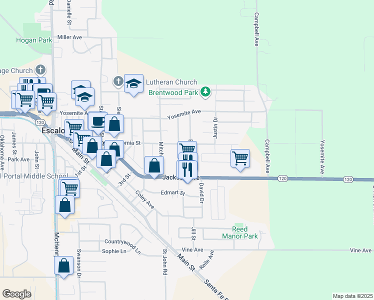 map of restaurants, bars, coffee shops, grocery stores, and more near 1527 Elizabeth Avenue in Escalon