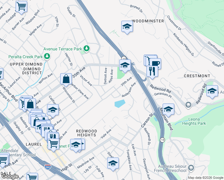 map of restaurants, bars, coffee shops, grocery stores, and more near 2 Selkirk Street in Oakland