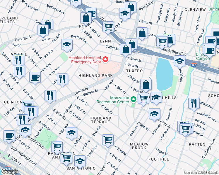 map of restaurants, bars, coffee shops, grocery stores, and more near 2714 19th Avenue in Oakland