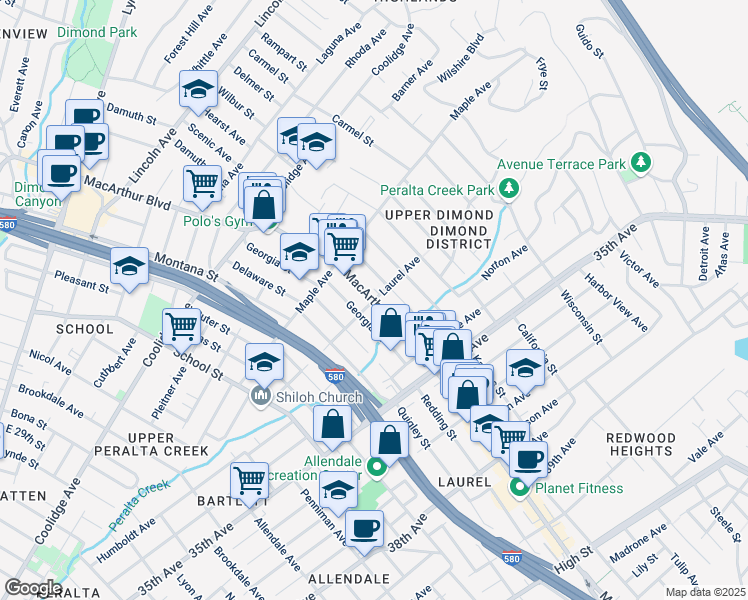 map of restaurants, bars, coffee shops, grocery stores, and more near MacArthur Blvd & Laurel Ave in Oakland