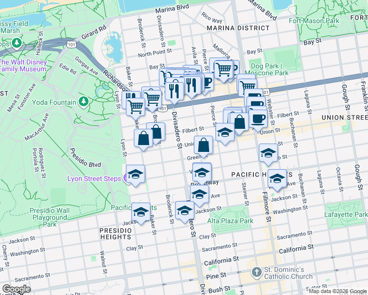 map of restaurants, bars, coffee shops, grocery stores, and more near 2600 Green Street in San Francisco