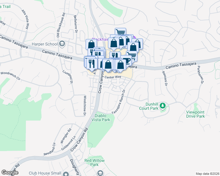 map of restaurants, bars, coffee shops, grocery stores, and more near 160 Blackstone Drive in Danville