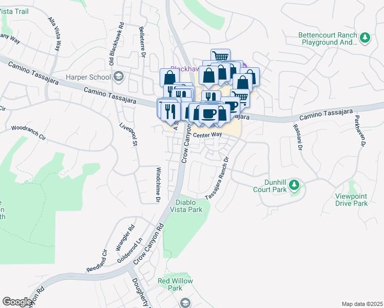 map of restaurants, bars, coffee shops, grocery stores, and more near 6030 Condor Street in Danville