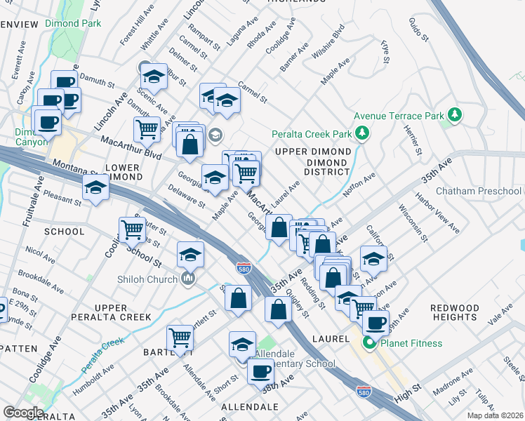 map of restaurants, bars, coffee shops, grocery stores, and more near 3575 Laurel Avenue in Oakland