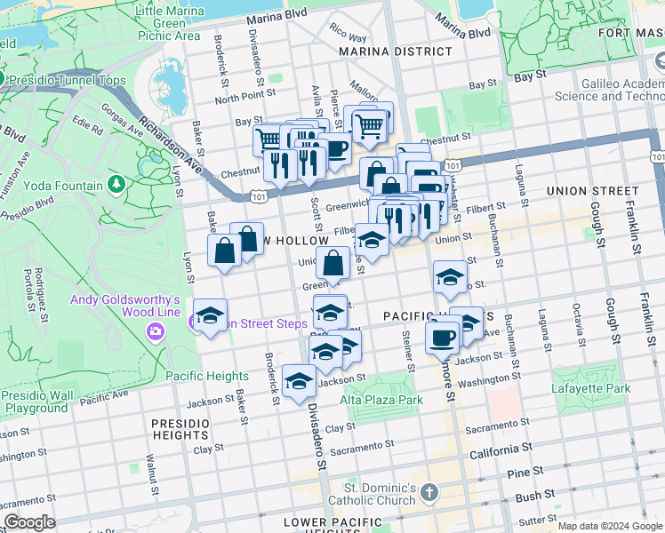 map of restaurants, bars, coffee shops, grocery stores, and more near 2848 Scott Street in San Francisco