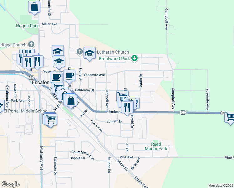 map of restaurants, bars, coffee shops, grocery stores, and more near 2145 California Street in Escalon