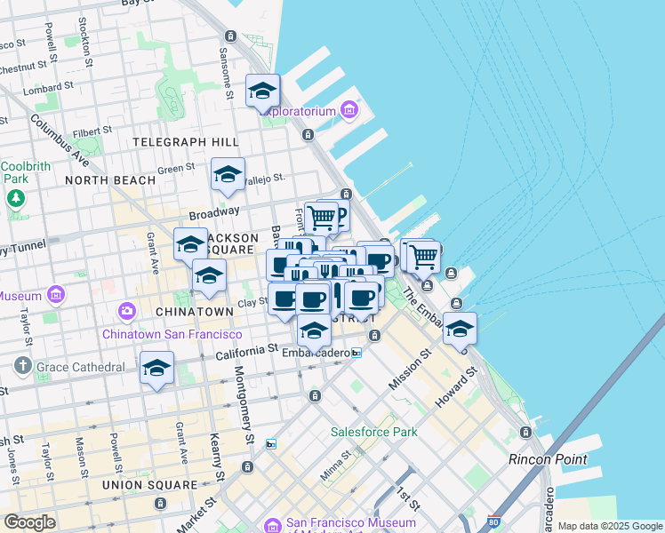 map of restaurants, bars, coffee shops, grocery stores, and more near Washington Street & Davis Street in San Francisco