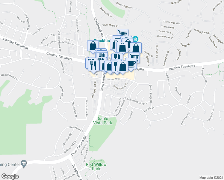 map of restaurants, bars, coffee shops, grocery stores, and more near 160 Blackstone Drive in Danville